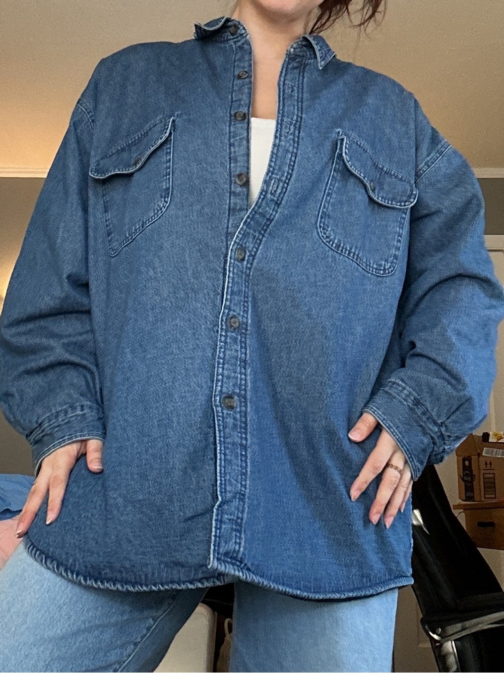 Wolverine Blue Denim Oversized Button-Up Jacket w/ Plaid Inner Lining